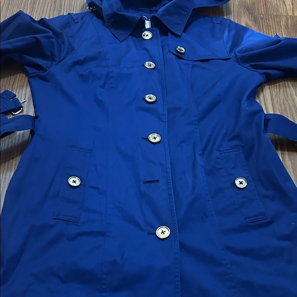 Michael Kors Blue Belted Hood Lined Trench‎ All Weather Gold Buttons Women’s Med